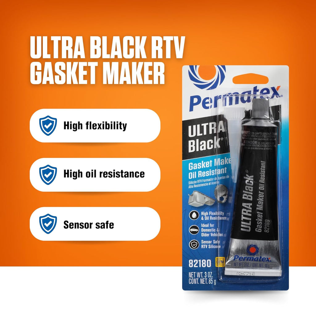 82180 Ultra Black Maximum Oil Resistance RTV Silicone Gasket Maker, Sensor Safe and Non-Corrosive, for High Flex and Oil Resistant Applications 3 Oz